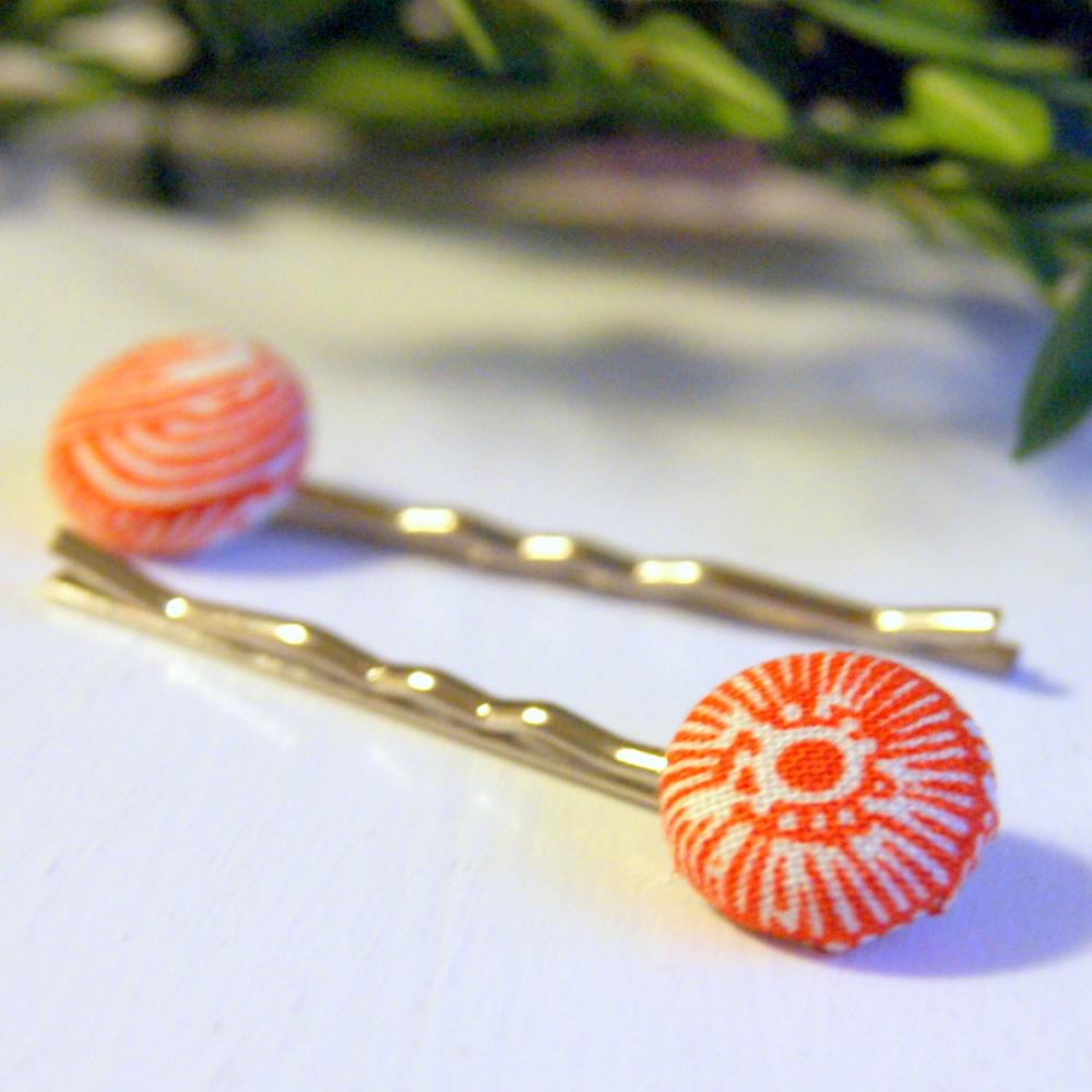Orange and White Fabric Button Bobby Pins