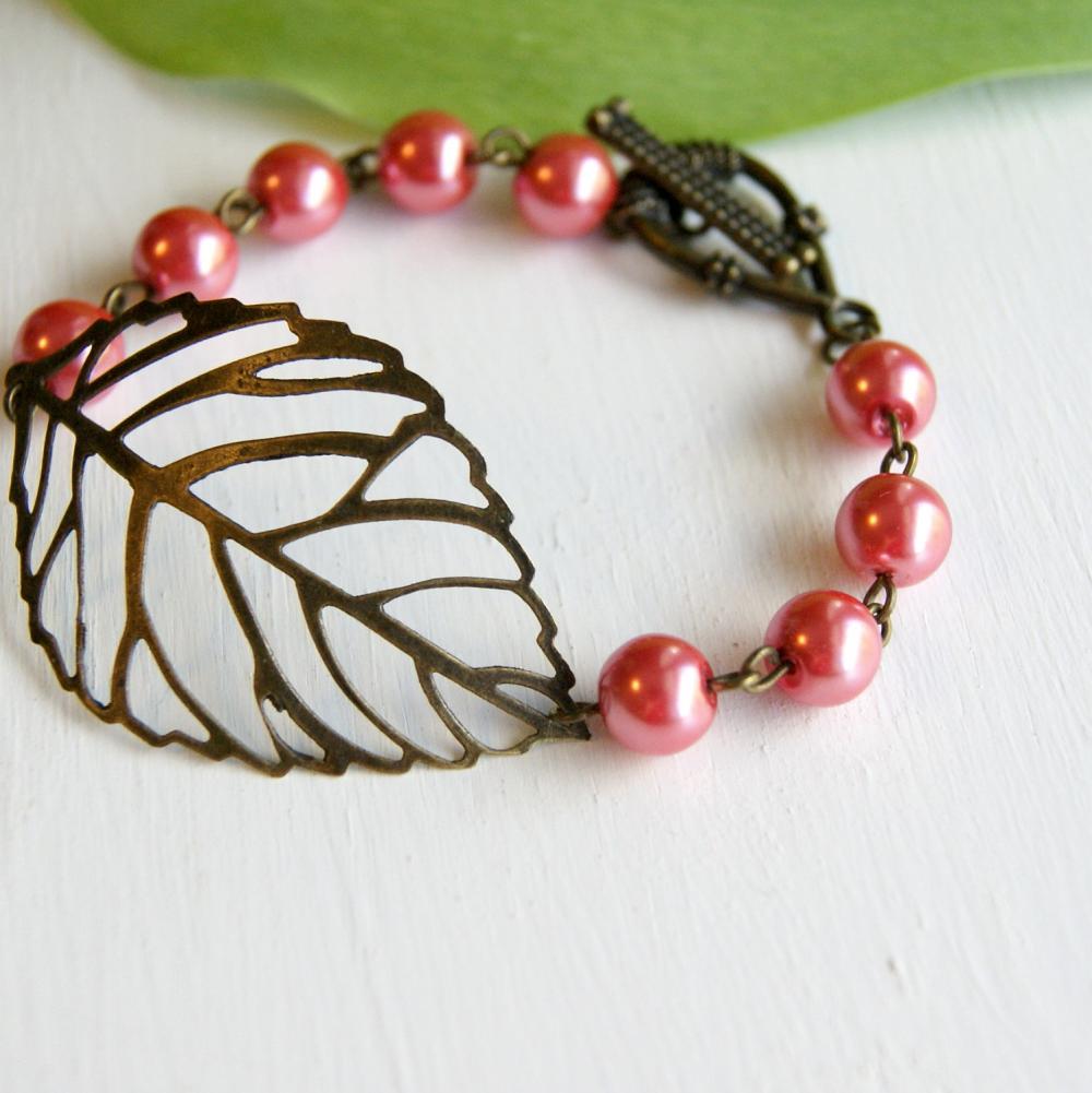 Pink Brass Leaf Bracelet 