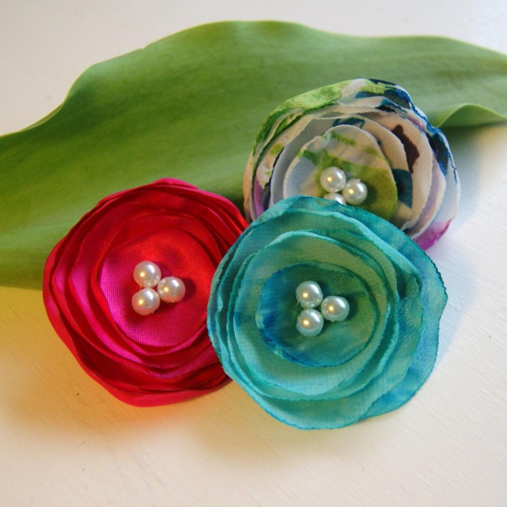 Hot Pink, White and Aqua Flower Hair Clips - Set of Three