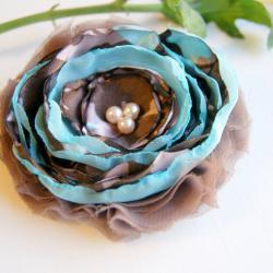 Taupe and Blue Fabric Flower Pin